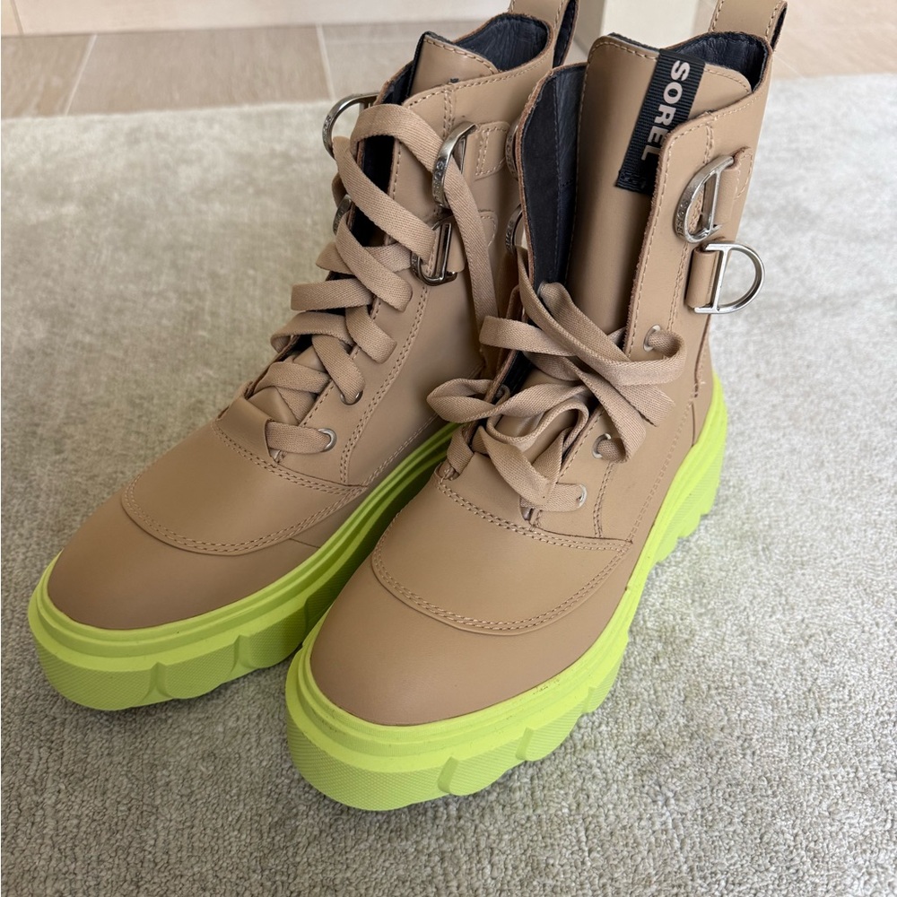 Sorel Tan Lace-Up Platform Combat Boots with Neon Yellow-Green Sole